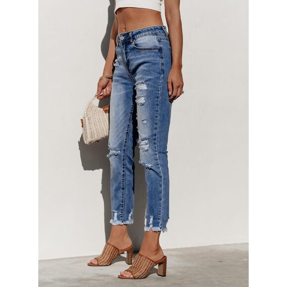 Women's Distressed Straight Leg Boyfriend Jeans Denim Spring Summer - Picture 2 of 6